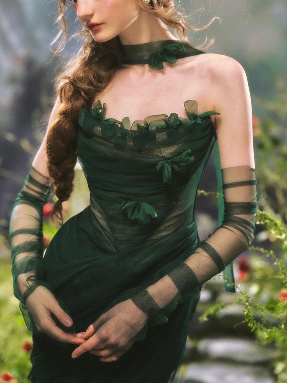 Lacemade Forest Nymph Dress Emerald Green Sheer Draped Midi Dress - Picture 4 of 7